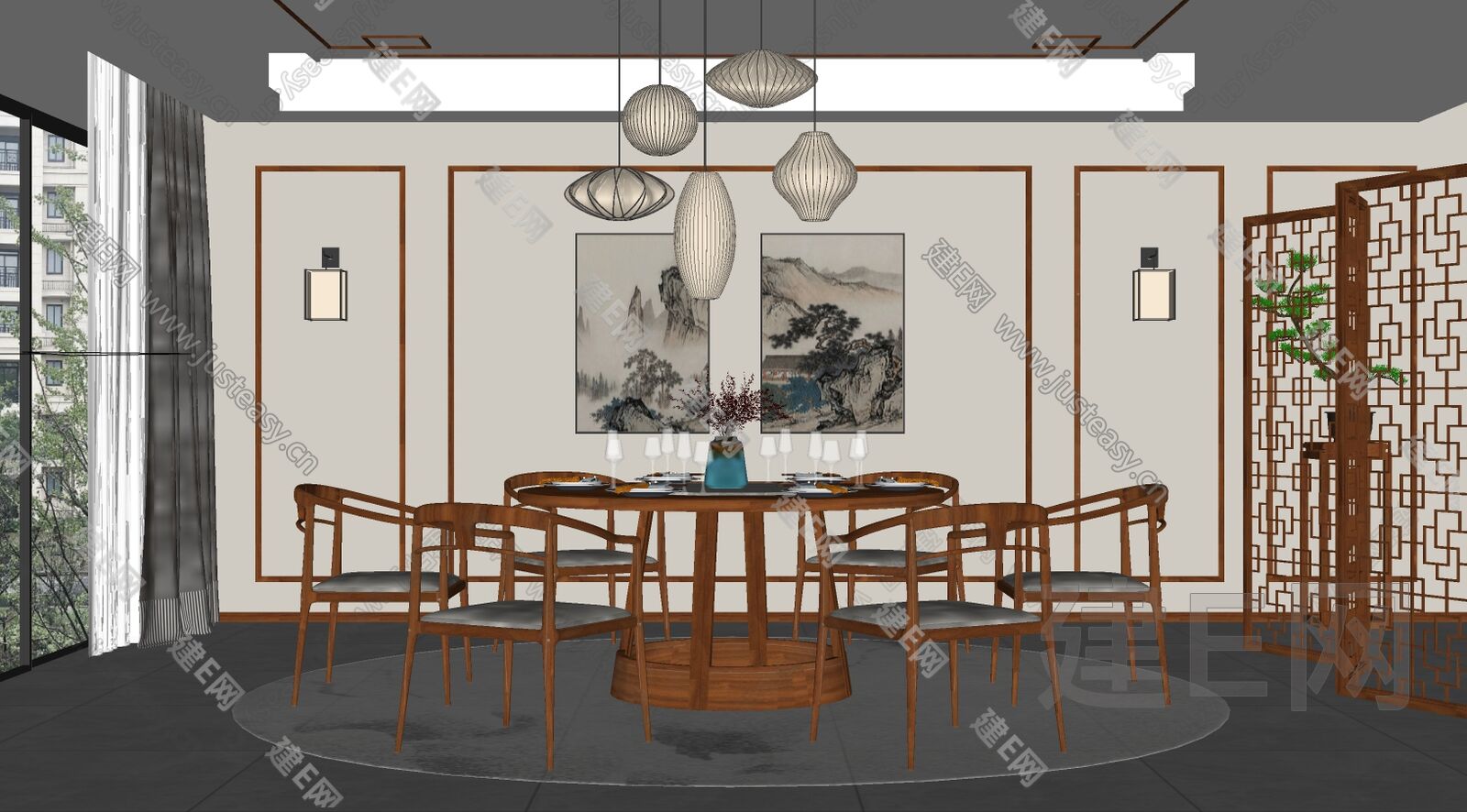 新中式餐厅模型SU模型下载[ID:116081990]_建e网su模型
