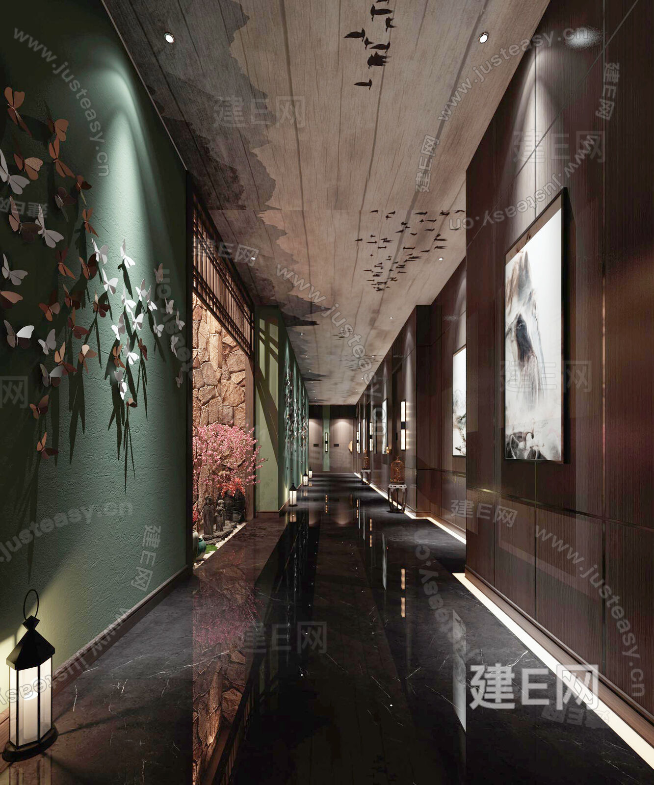 新中式玄关过道模型SU模型下载[ID:116999477]_建E室内设计网