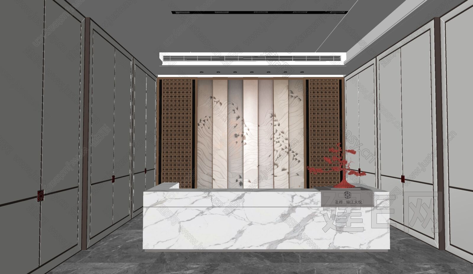 新中式大厅模型SU模型下载[ID:109266318]_建e网su模型