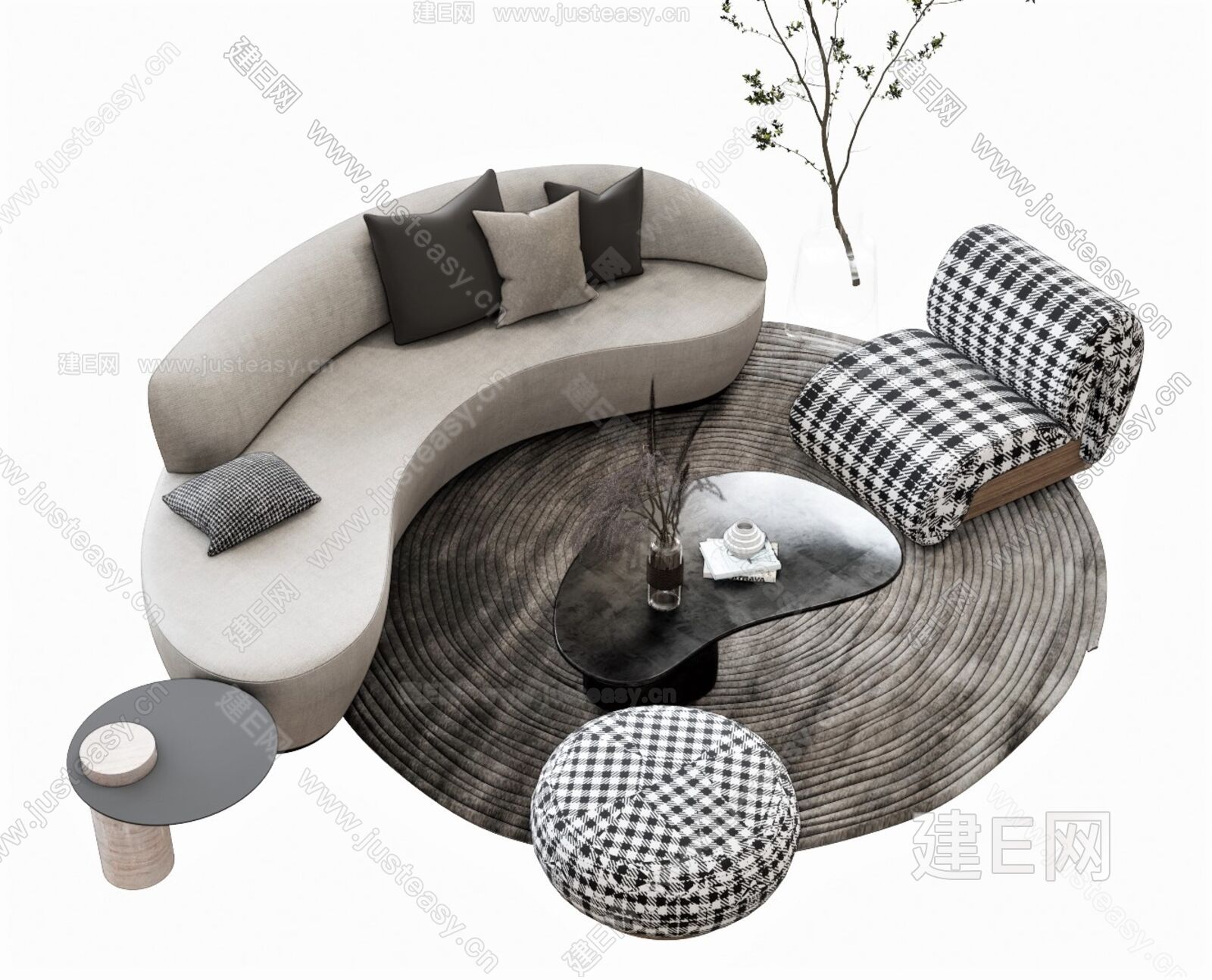 现代沙发茶几组合模型SU模型下载[ID:110576964]_建e网su模型