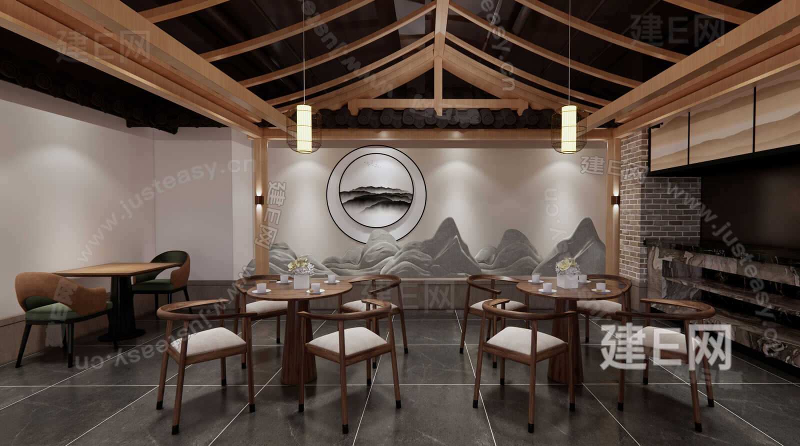 新中式餐厅模型SU模型下载[ID:112018707]_建E室内设计网
