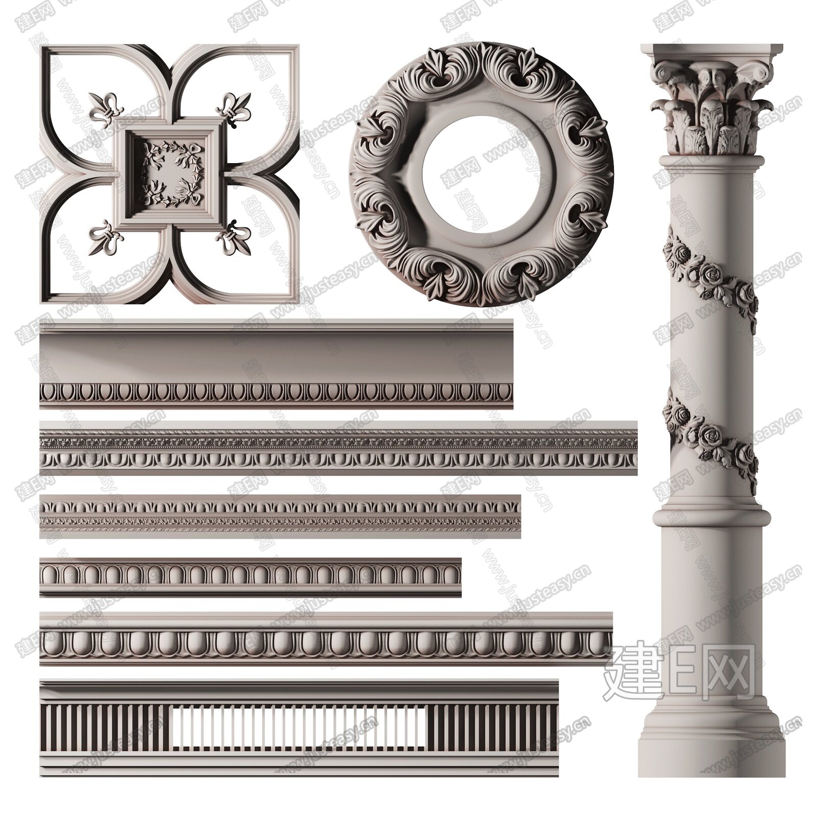 欧式雕花石膏罗马柱雕塑组合3D模型下载_ID10217665_3dmax免费模型-欧模网