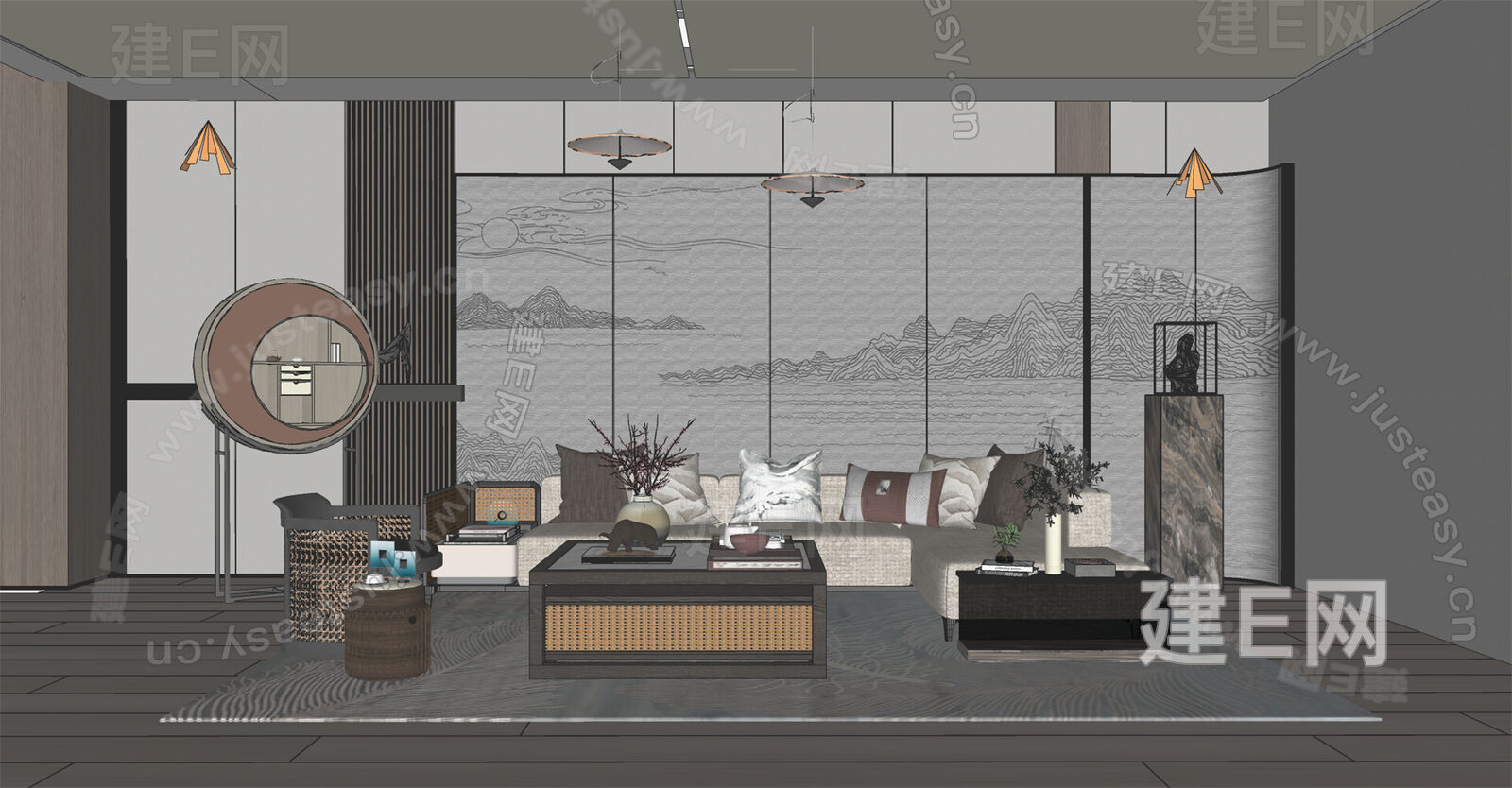 新中式客厅模型SU模型下载[ID:112936415]_建e网su模型