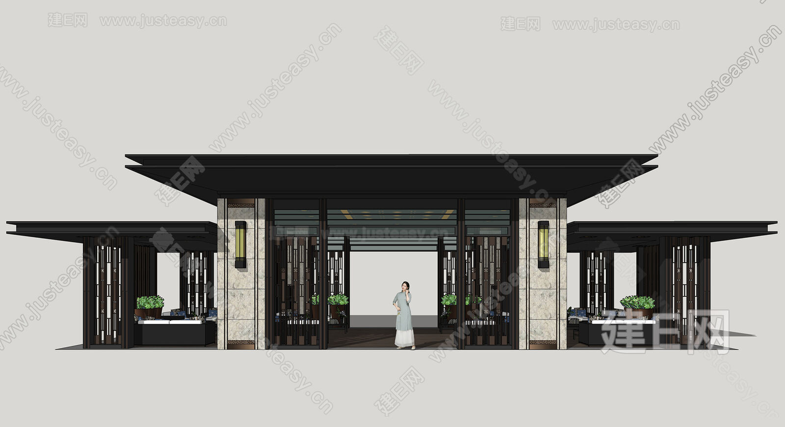 新中式廊架模型SU模型下载[ID:105006163]_建E室内设计网