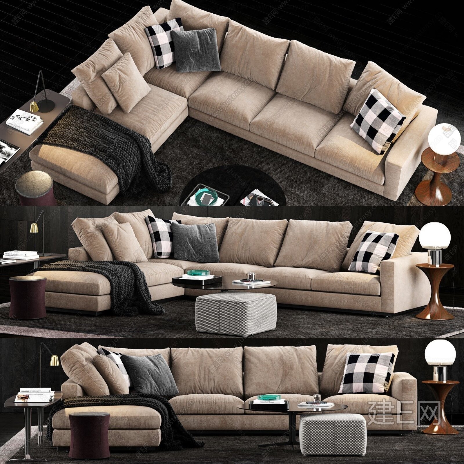 意大利 Minotti 现代沙发茶几组合 布艺模型SU模型下载[ID:106973526]_建e网su模型