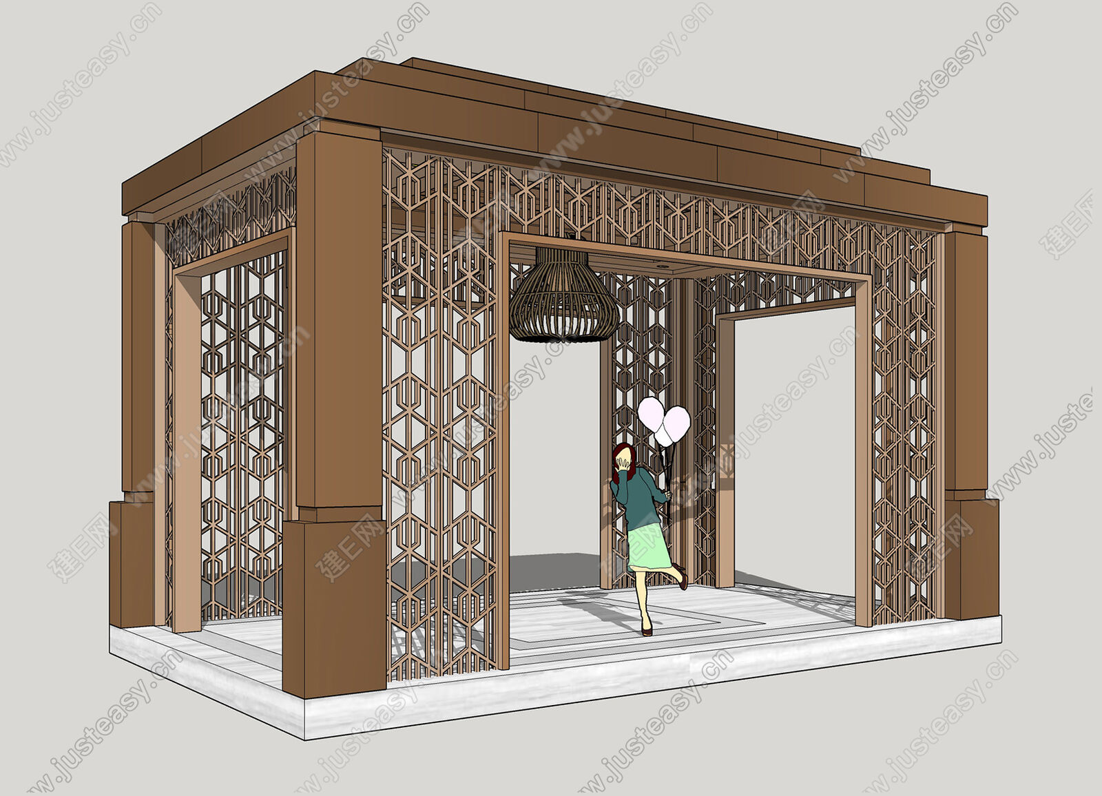 新中式廊架模型SU模型下载[ID:106120299]_建E室内设计网