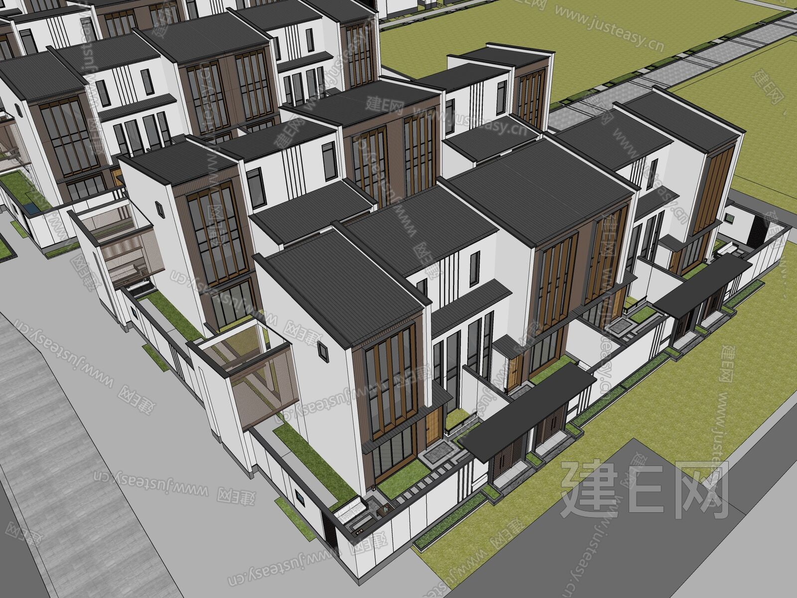 新中式联排别墅模型SU模型下载[ID:106579061]_建e网su模型