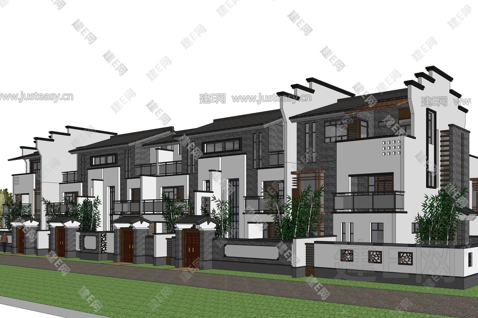 新中式联排别墅模型SU模型下载[ID:107234516]_建e网su模型