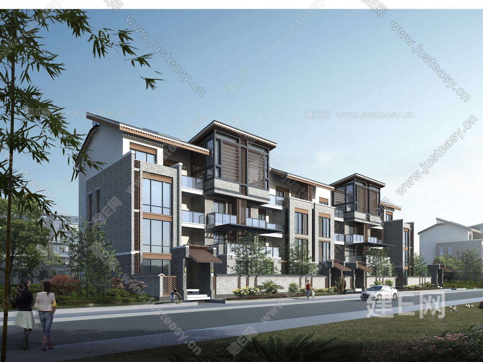 新中式联排别墅模型SU模型下载[ID:107103407]_建E室内设计网