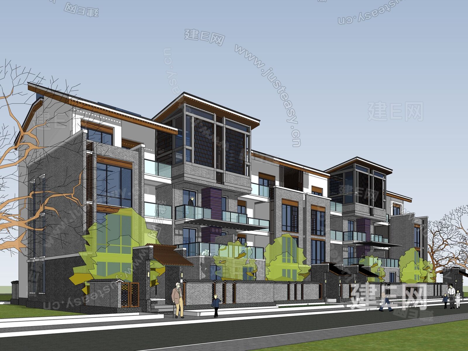 新中式联排别墅模型SU模型下载[ID:107103407]_建E室内设计网