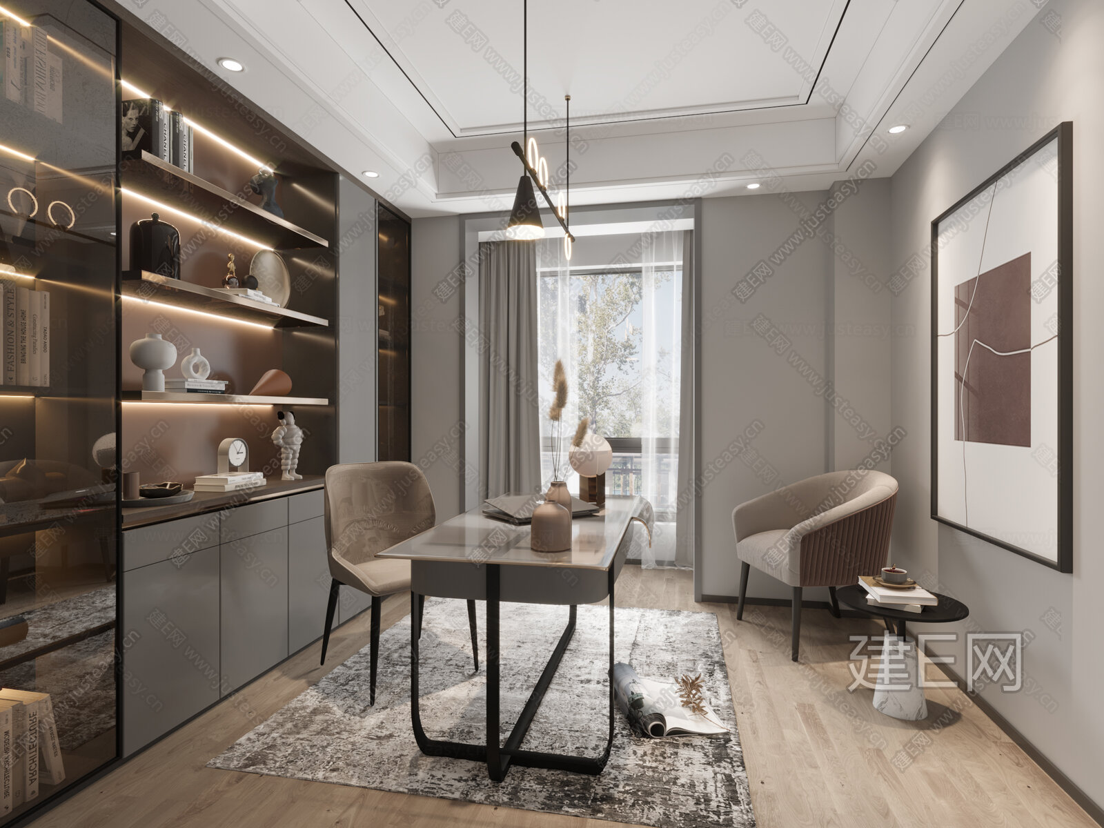 现代书房3d模型下载[ID:112413418]_建e网3d模型
