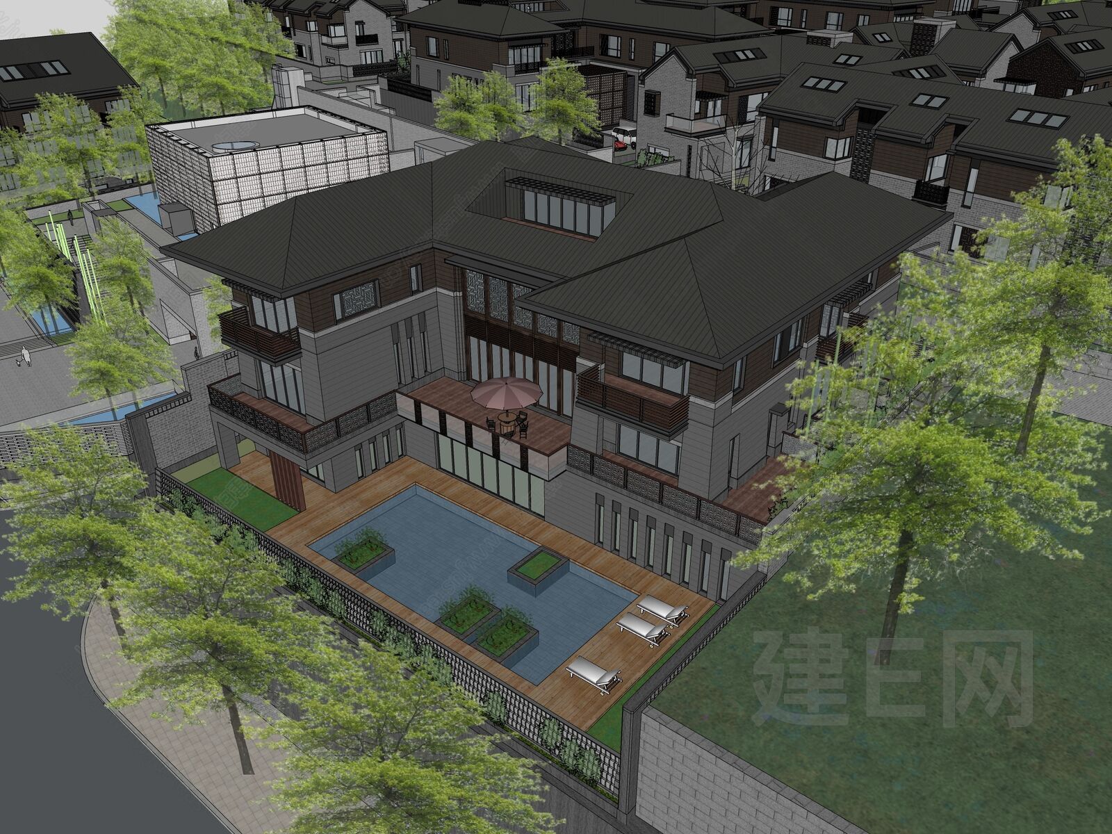 新中式别墅模型SU模型下载[ID:107889778]_建e网su模型