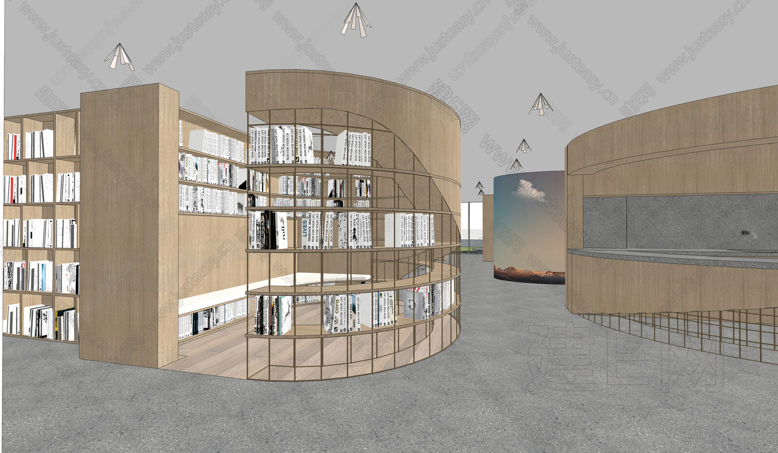 现代图书馆模型SU模型下载[ID:108872945]_建E室内设计网