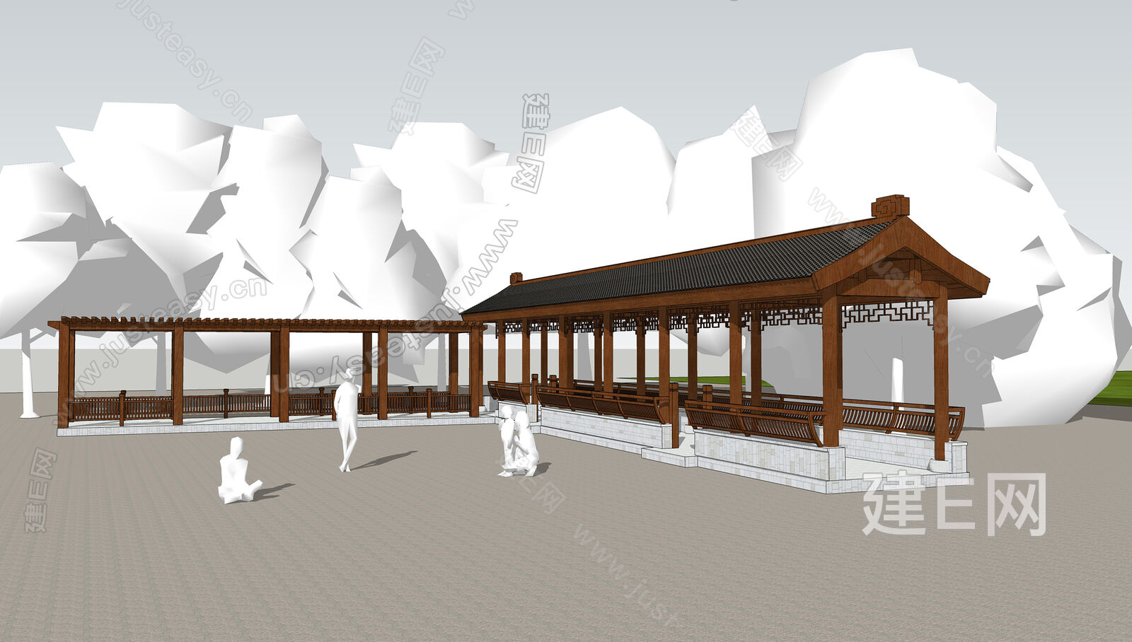 中式景观廊架模型SU模型下载[ID:108610771]_建E室内设计网