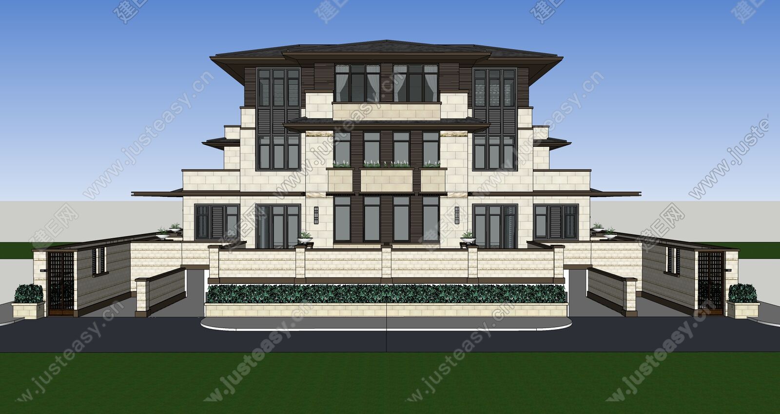 新中式别墅模型SU模型下载[ID:101139546]_建e网su模型