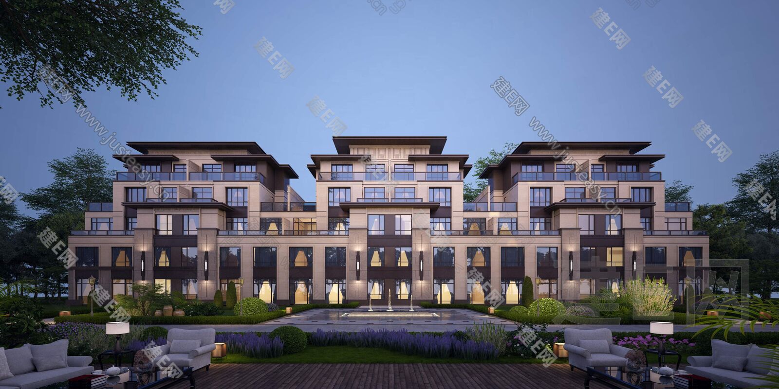 新中式联排别墅模型SU模型下载[ID:101926128]_建e网su模型