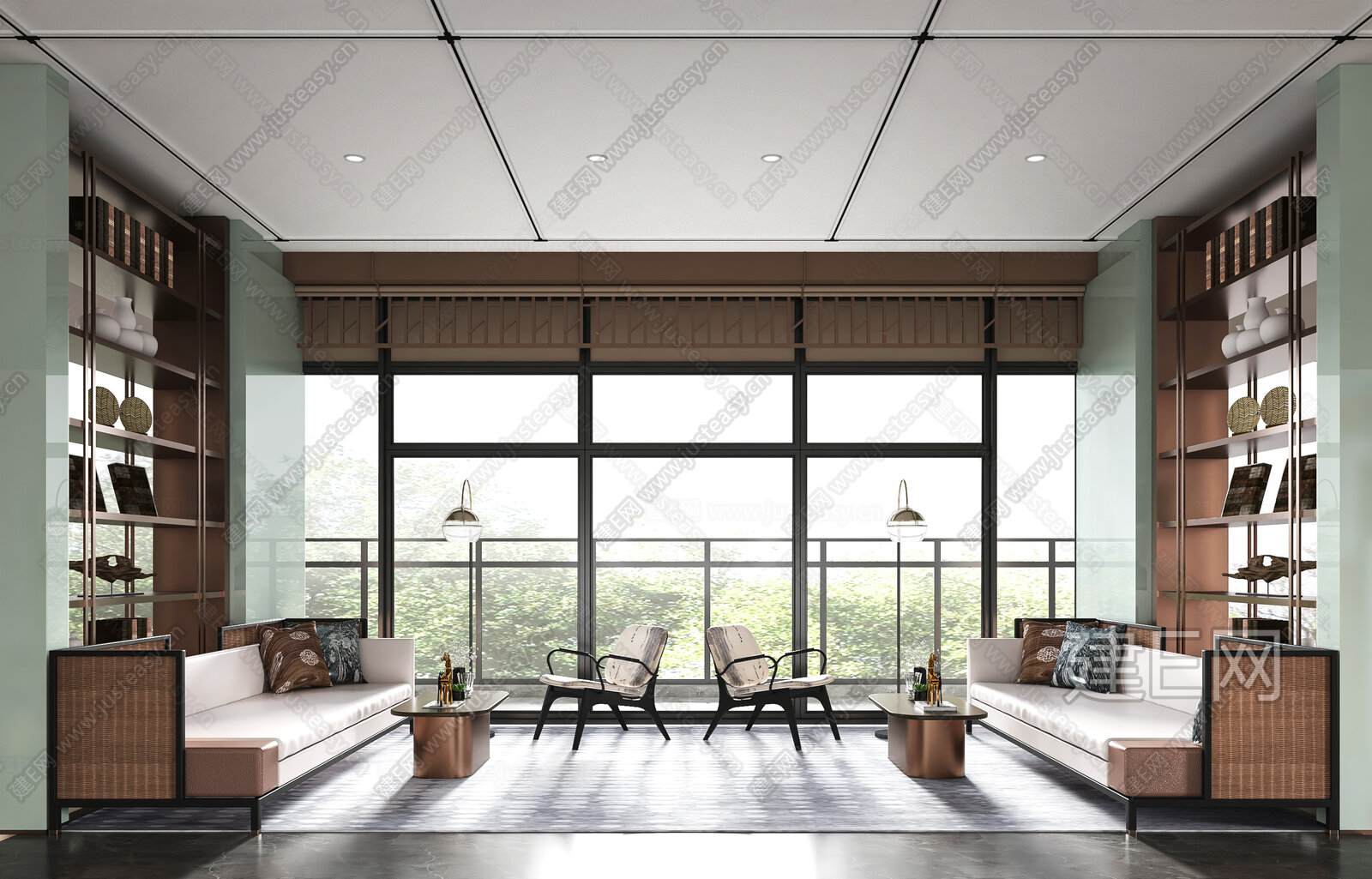 恩嘉设计 新中式售楼处洽谈区模型SU模型下载[ID:109924063]_建E室内设计网