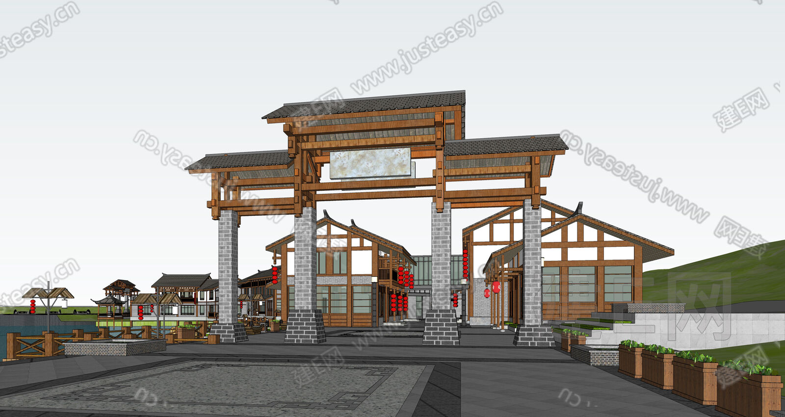 中式商业街模型SU模型下载[ID:103498775]_建e网su模型