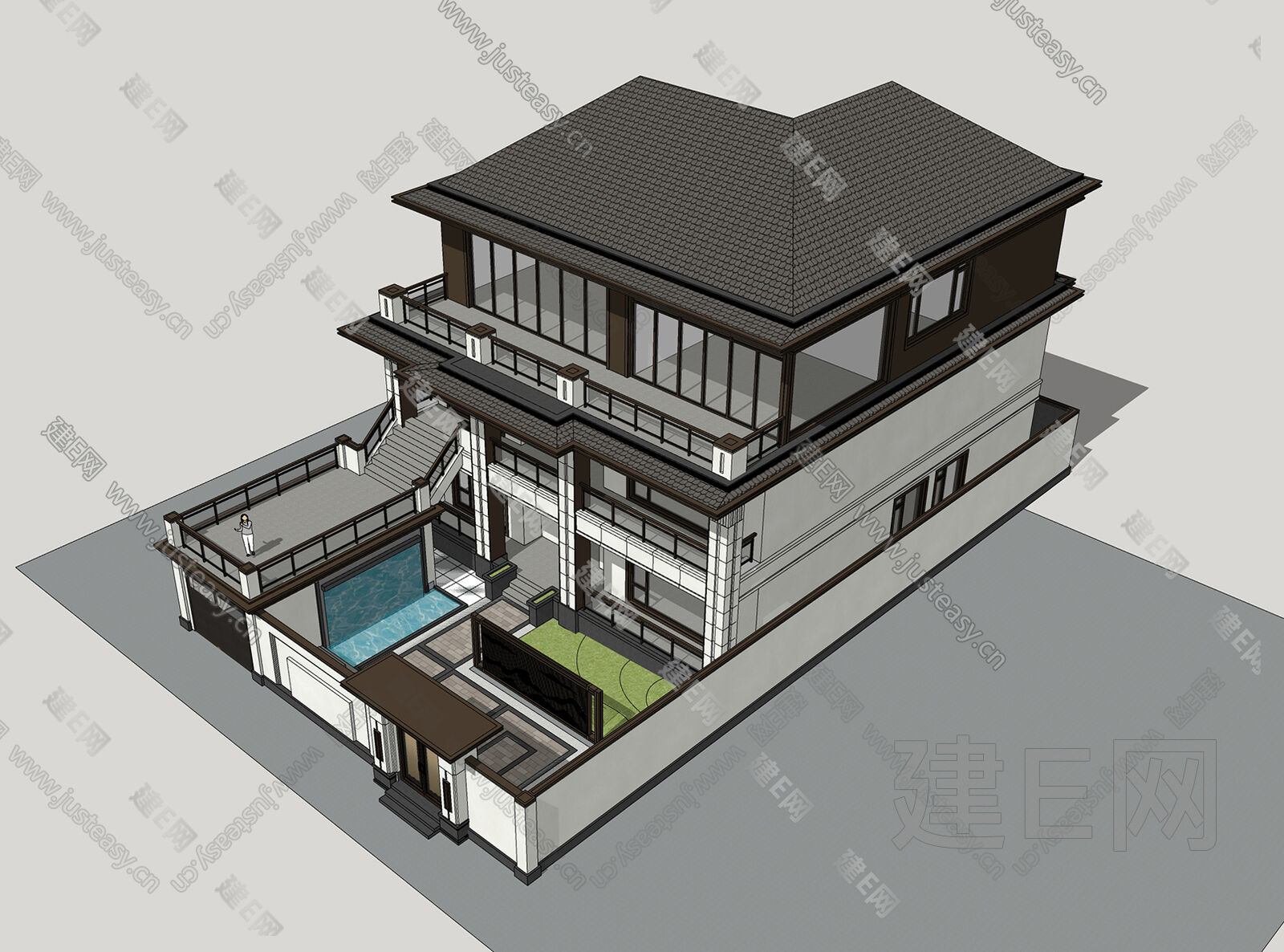 新中式别墅模型SU模型下载[ID:103433440]_建e网su模型