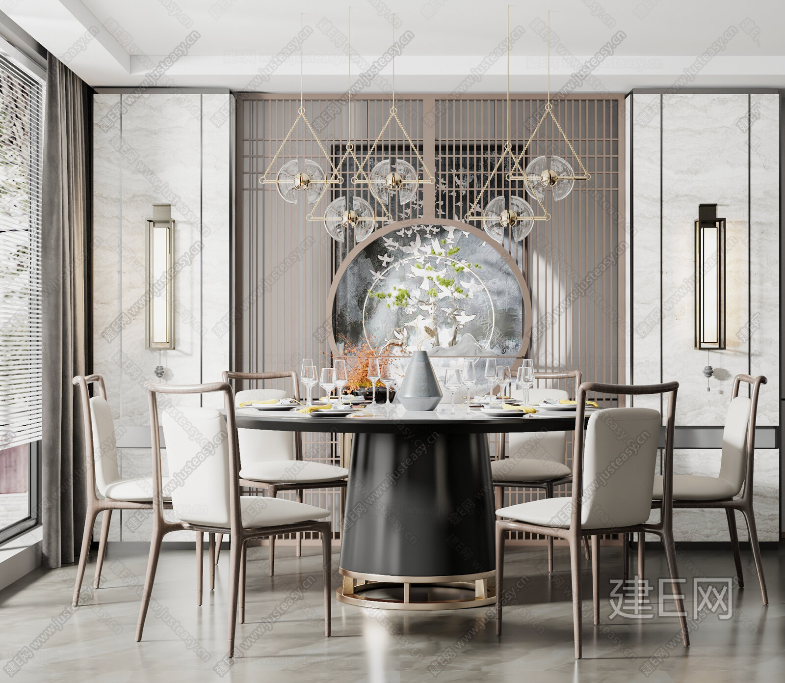 新中式圆桌餐厅3d模型下载[ID:112414092]_建e网3d模型