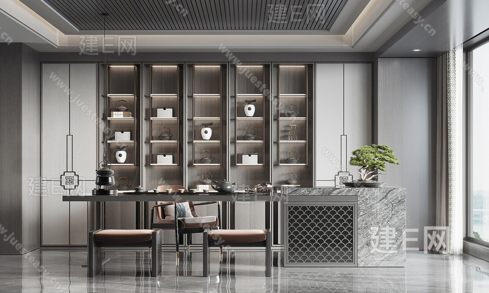 新中式茶室模型SU模型下载[ID:116016207]_建E室内设计网