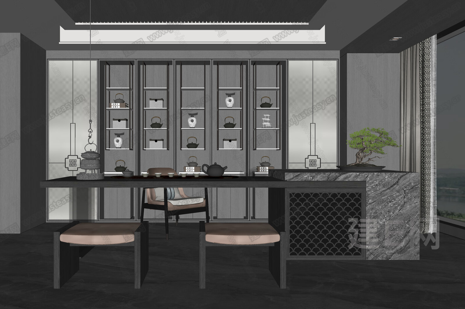 新中式茶室模型SU模型下载[ID:116016207]_建E室内设计网