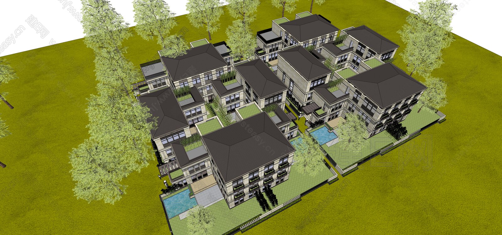 新中式联排别墅模型SU模型下载[ID:116474912]_建E室内设计网
