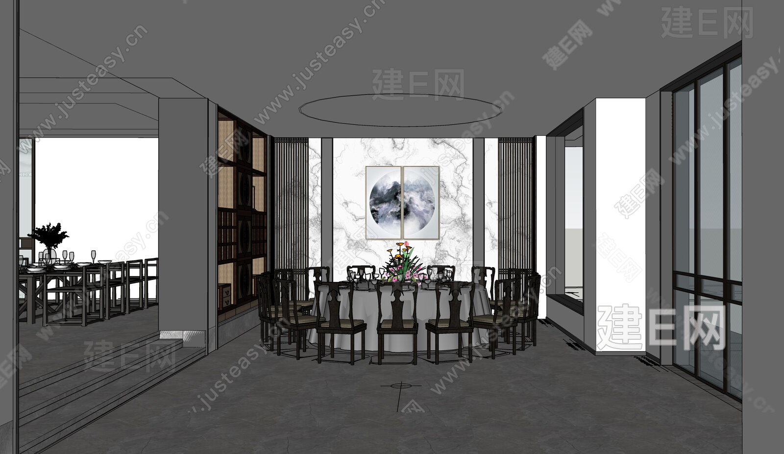 新中式餐厅模型SU模型下载[ID:109397136]_建e网su模型