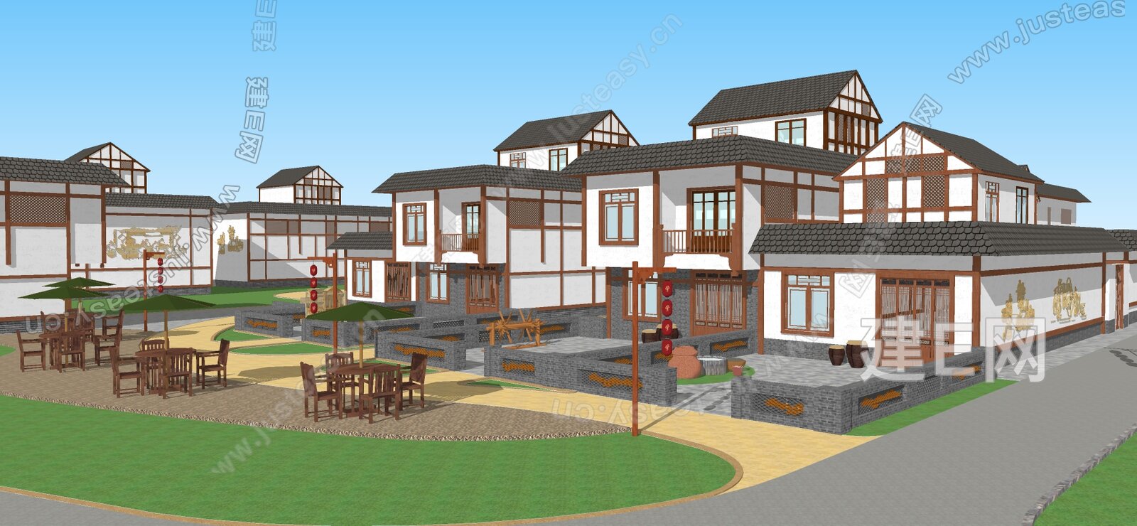 新中式商业街模型SU模型下载[ID:109200474]_建e网su模型