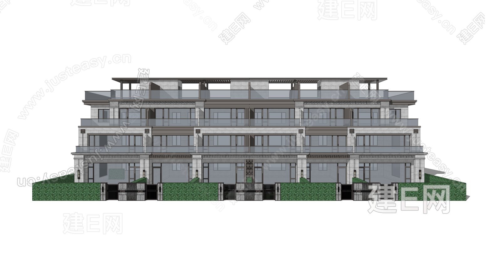 新中式联排别墅模型SU模型下载[ID:109724775]_建E室内设计网