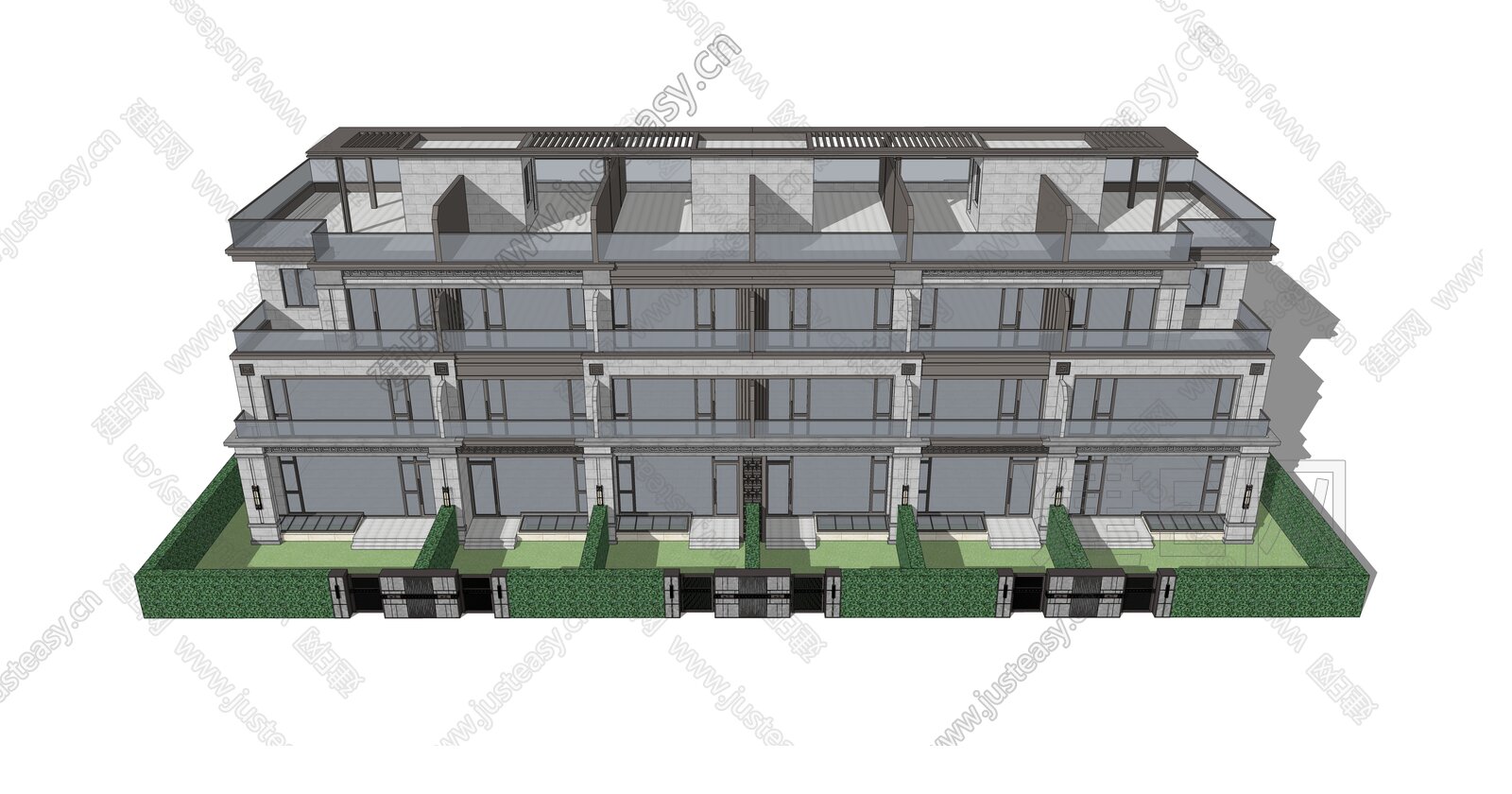 新中式联排别墅模型SU模型下载[ID:109724775]_建E室内设计网