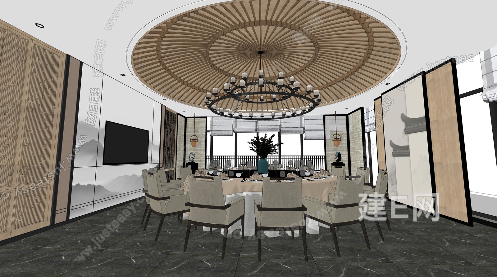 新中式餐厅包房模型SU模型下载[ID:110576844]_建e网su模型