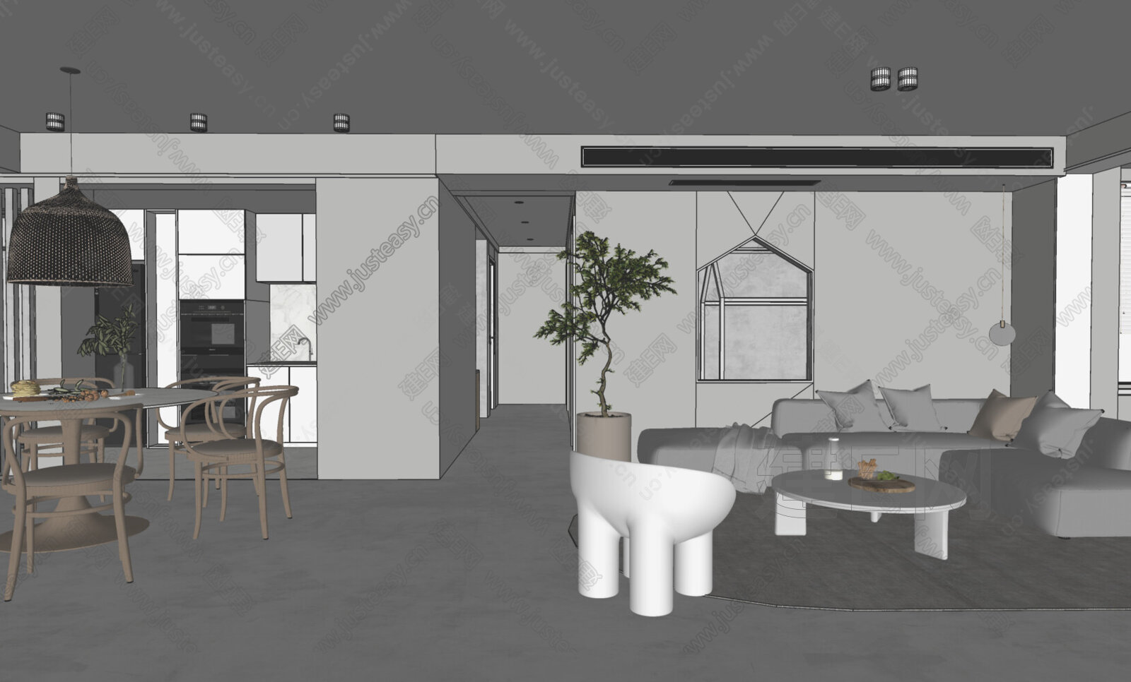 现代极简客餐厅模型SU模型下载[ID:111821968]_建E室内设计网