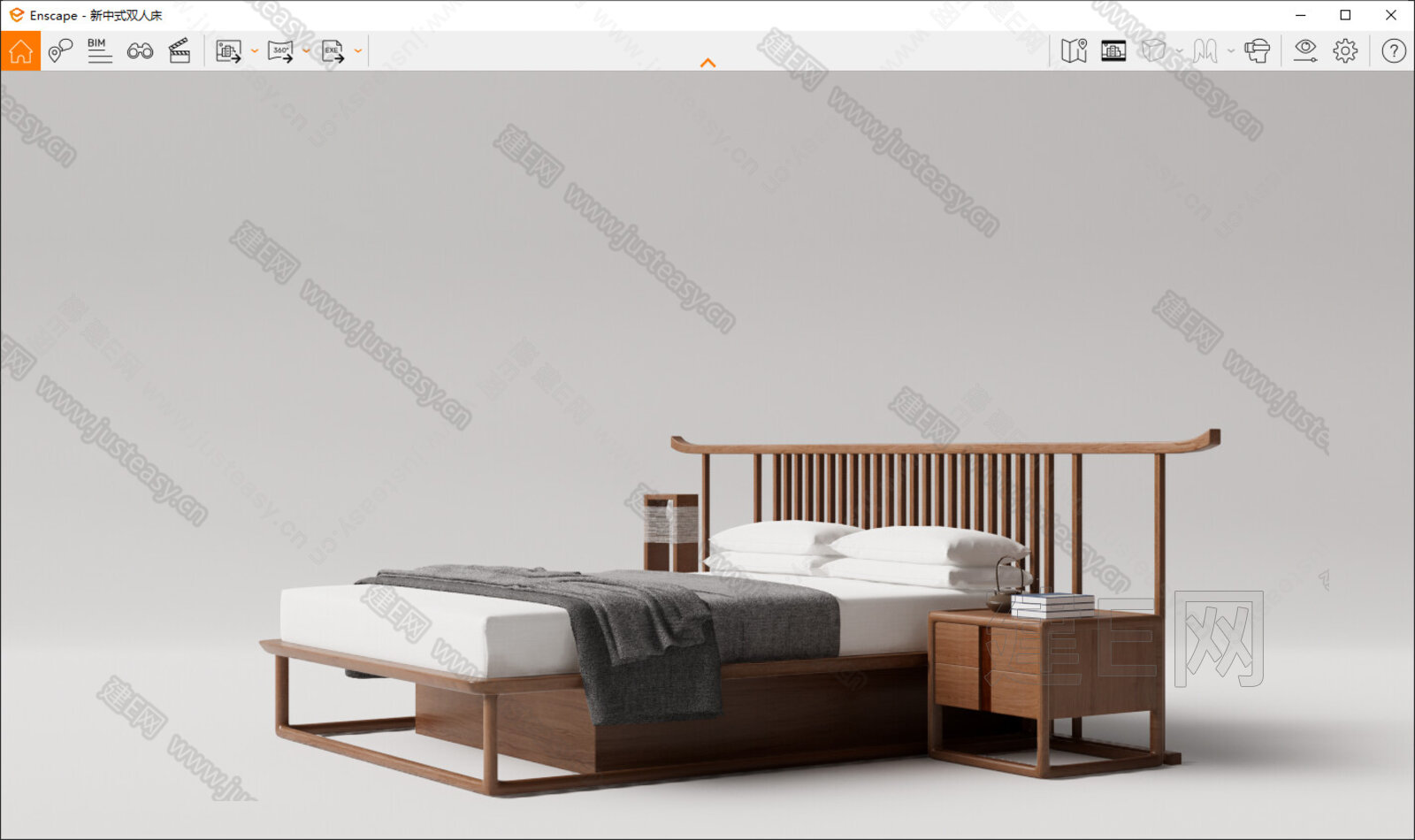 新中式双人床模型SU模型下载[ID:112280637]_建e网su模型