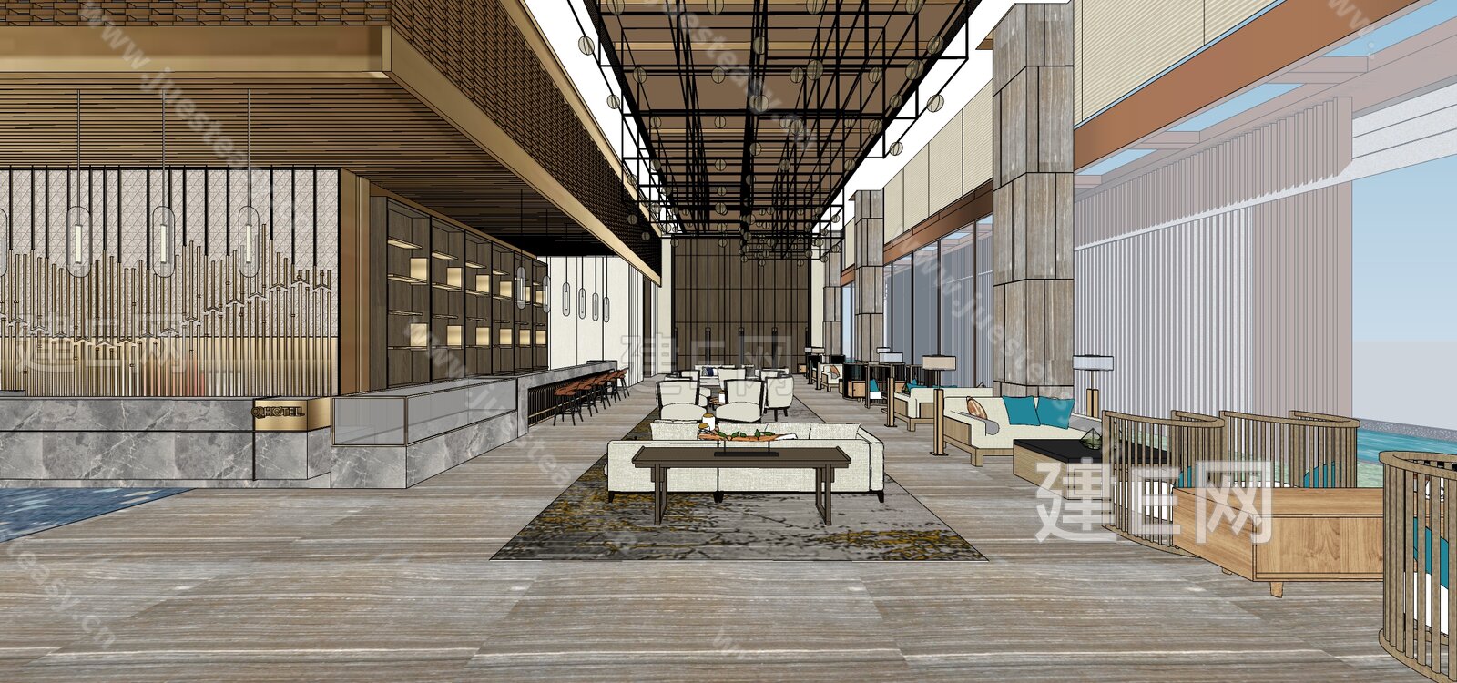 新中式酒店大堂模型SU模型下载[ID:113001625]_建e网su模型