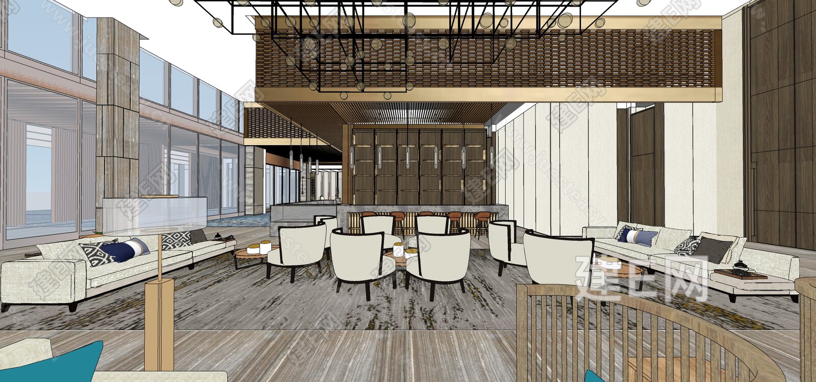 新中式酒店大堂模型SU模型下载[ID:113001625]_建e网su模型