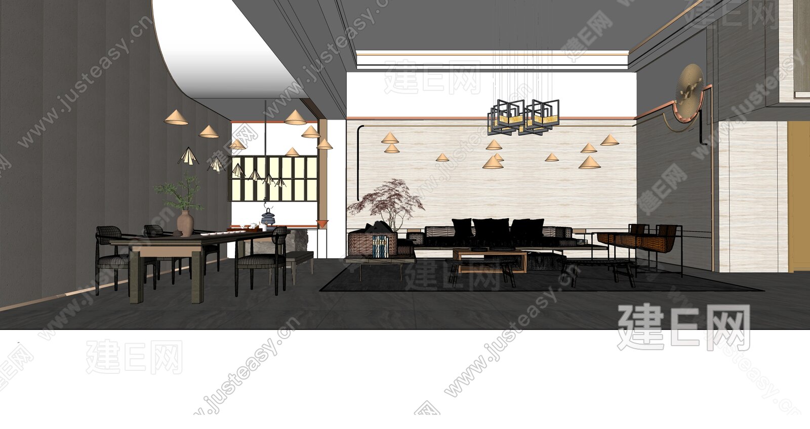 新中式会客厅模型SU模型下载[ID:105465707]_建e网su模型