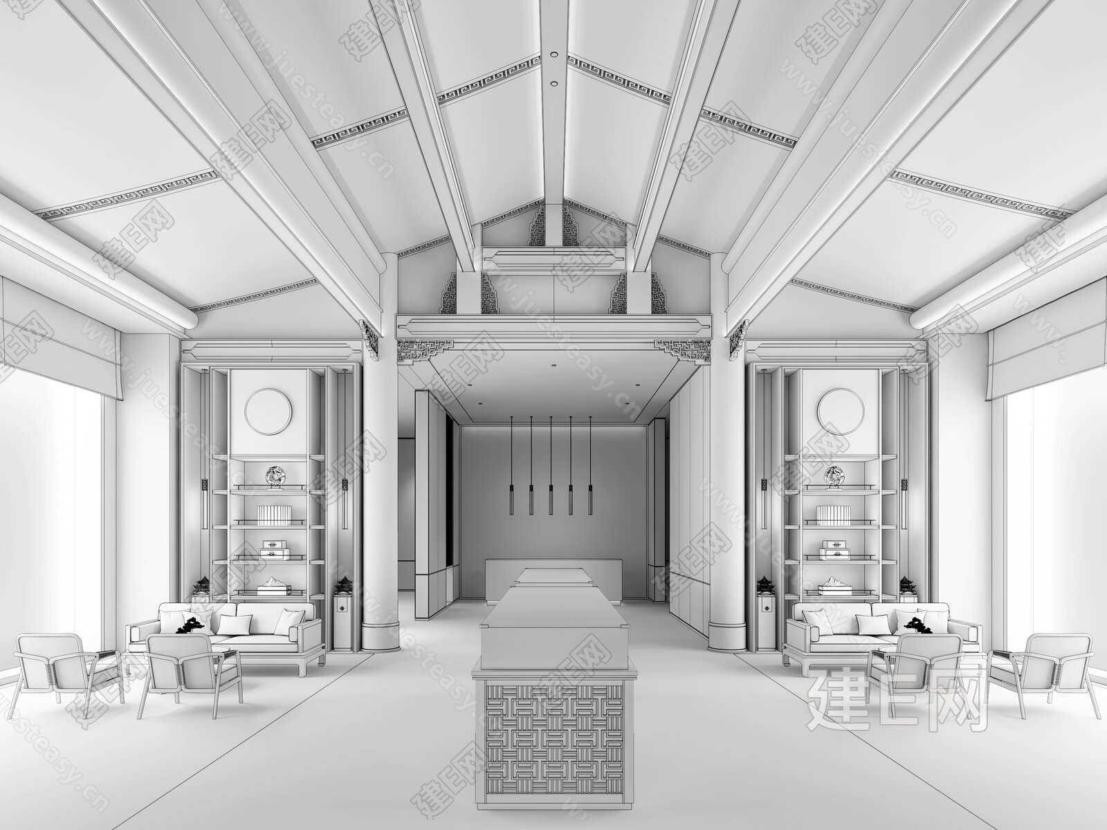 【新中式售楼处洽谈区3d模型】建E网_新中式售楼处洽谈区3d模型下载[ID:102191082]_打造3d新中式售楼处洽谈区模型免费下载平台