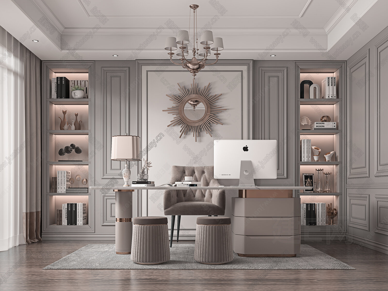 【美式轻奢书房3d模型】建E网_美式轻奢书房3d模型下载[ID:102321969]_打造3d美式轻奢书房模型免费下载平台
