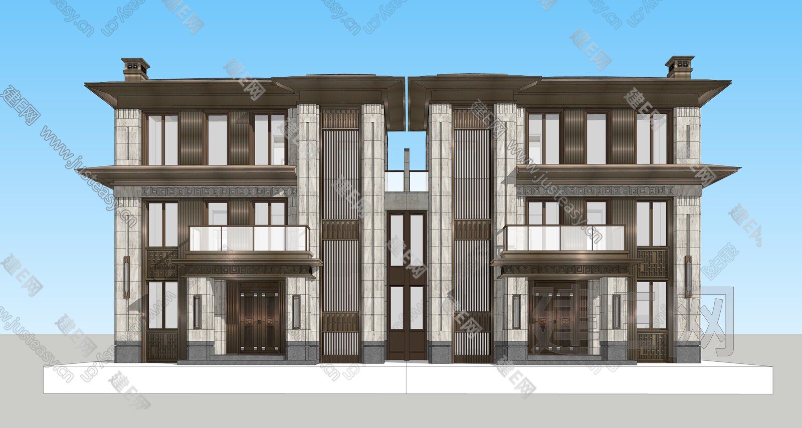 新中式双拼别墅模型SU模型下载[ID:108414834]_建e网su模型