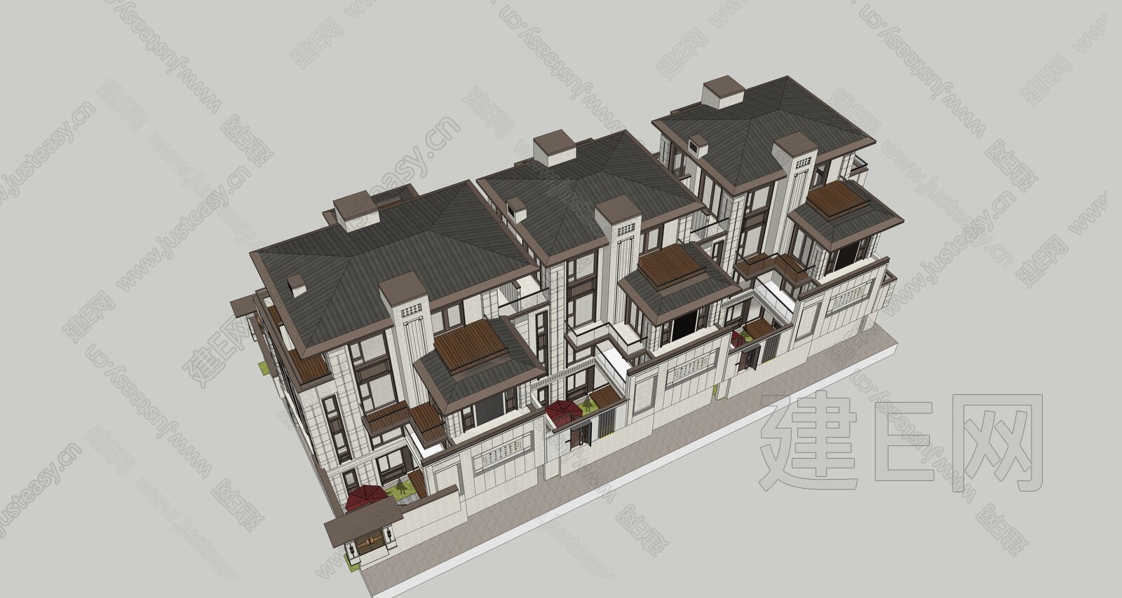 新中式联排别墅模型SU模型下载[ID:109004752]_建E室内设计网