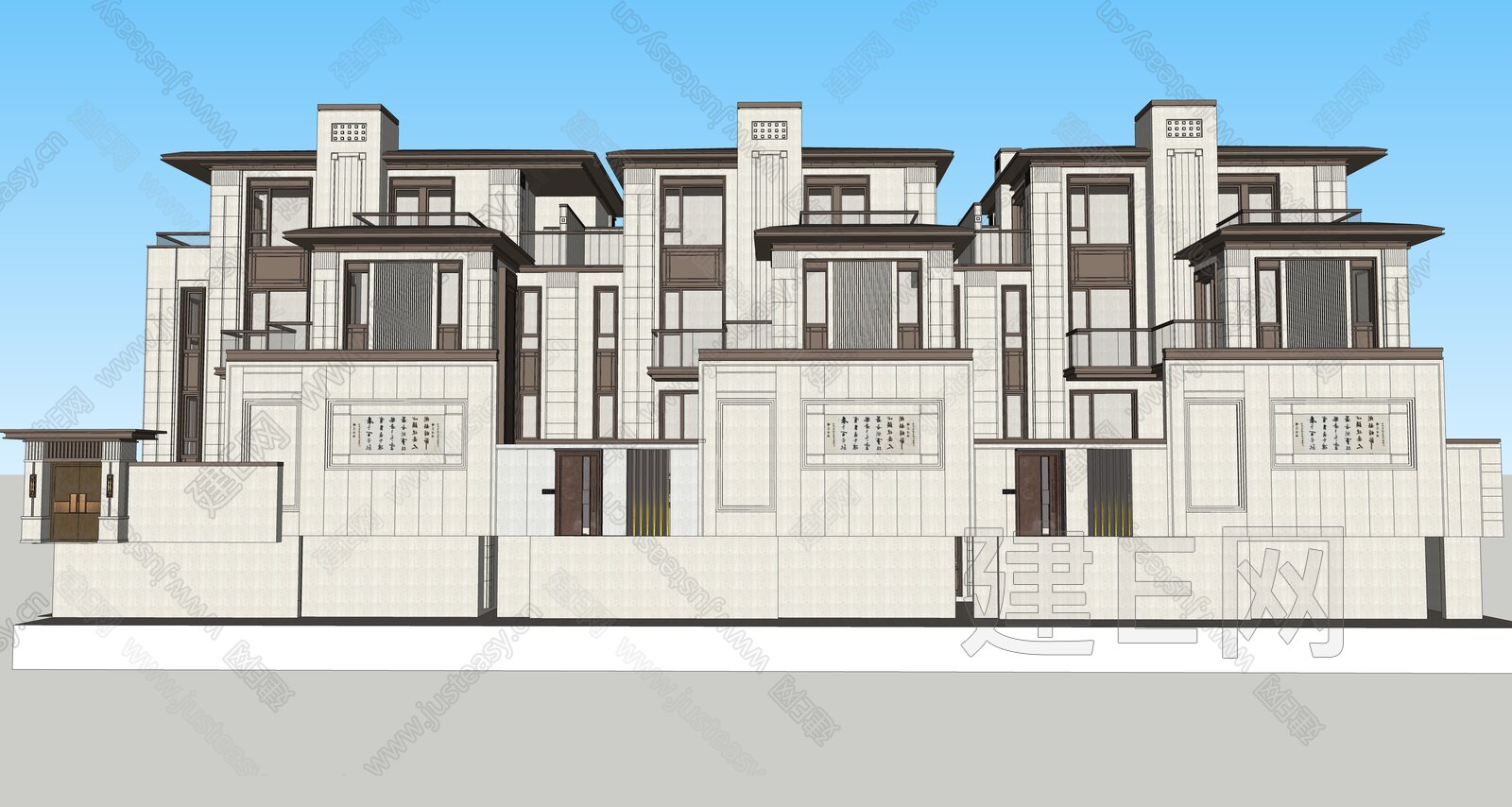 新中式联排别墅模型SU模型下载[ID:109004752]_建E室内设计网