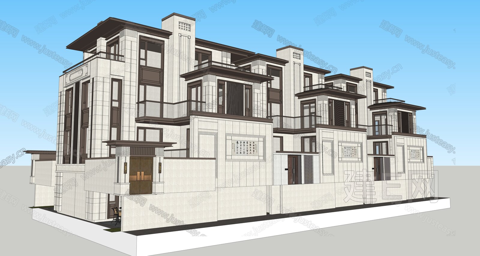 新中式联排别墅模型SU模型下载[ID:109004752]_建E室内设计网