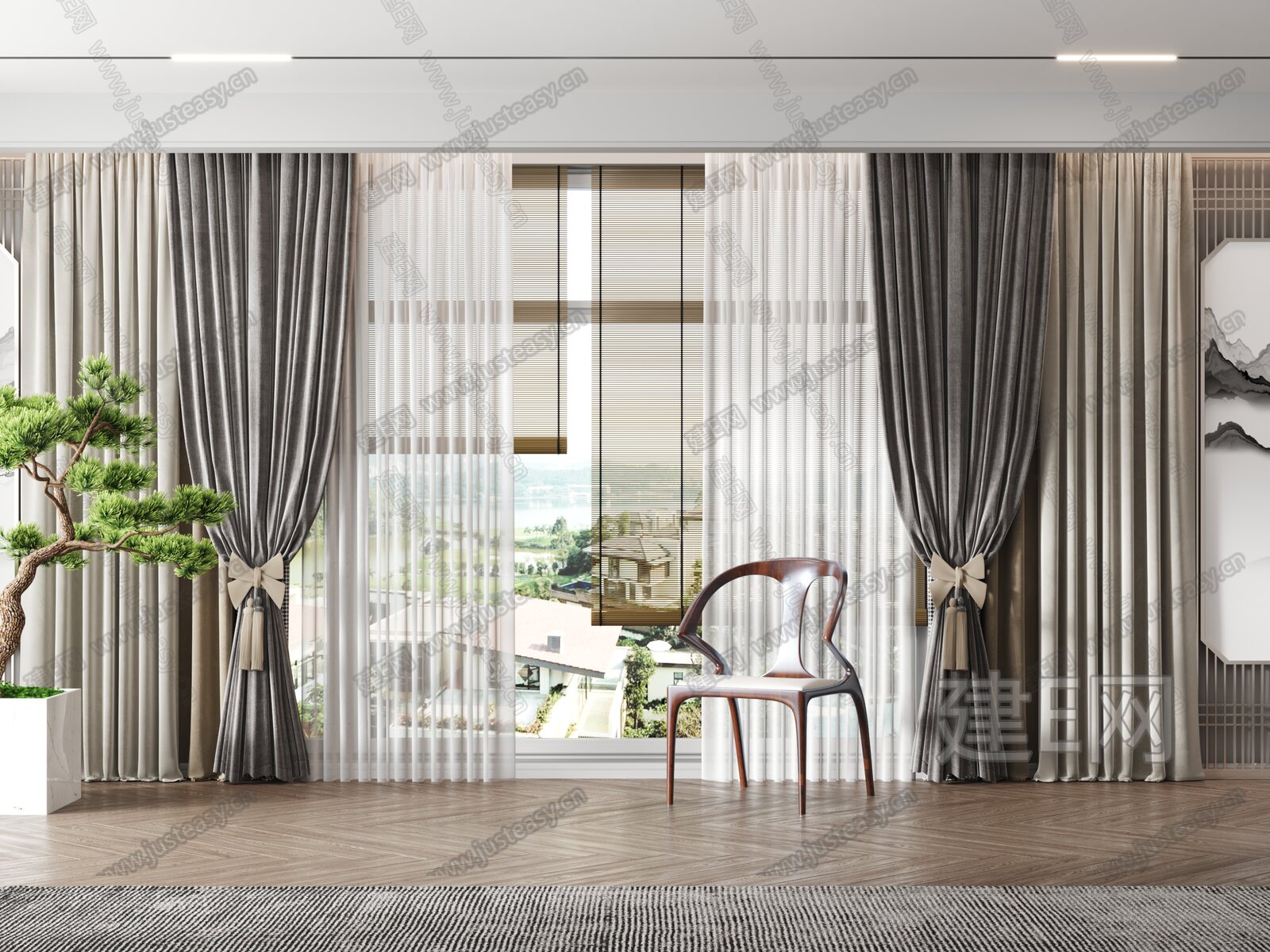 新中式窗帘3d模型下载[ID:114642917]_建E室内设计网