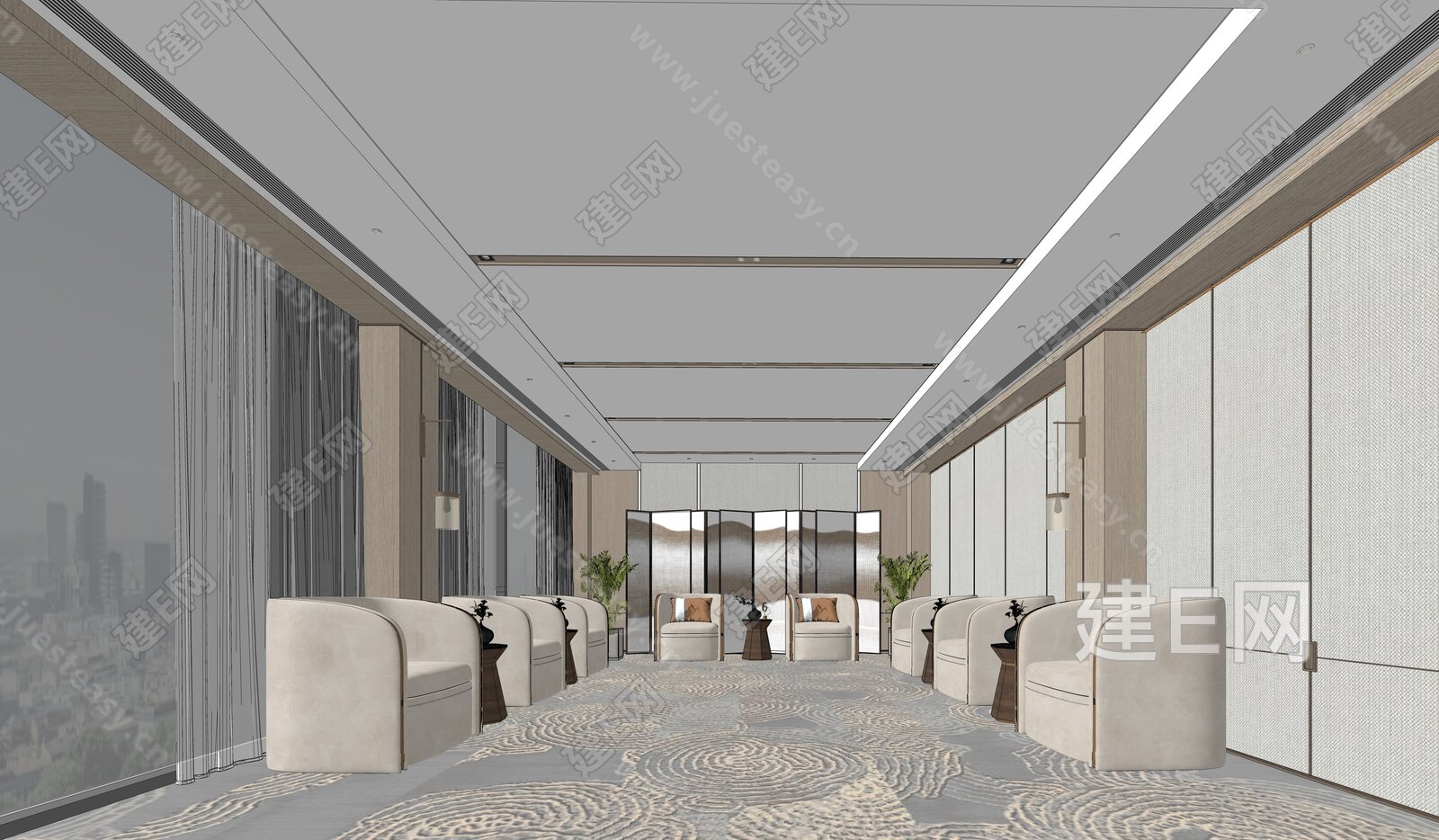 新中式会客厅模型SU模型下载[ID:102123420]_建e网su模型