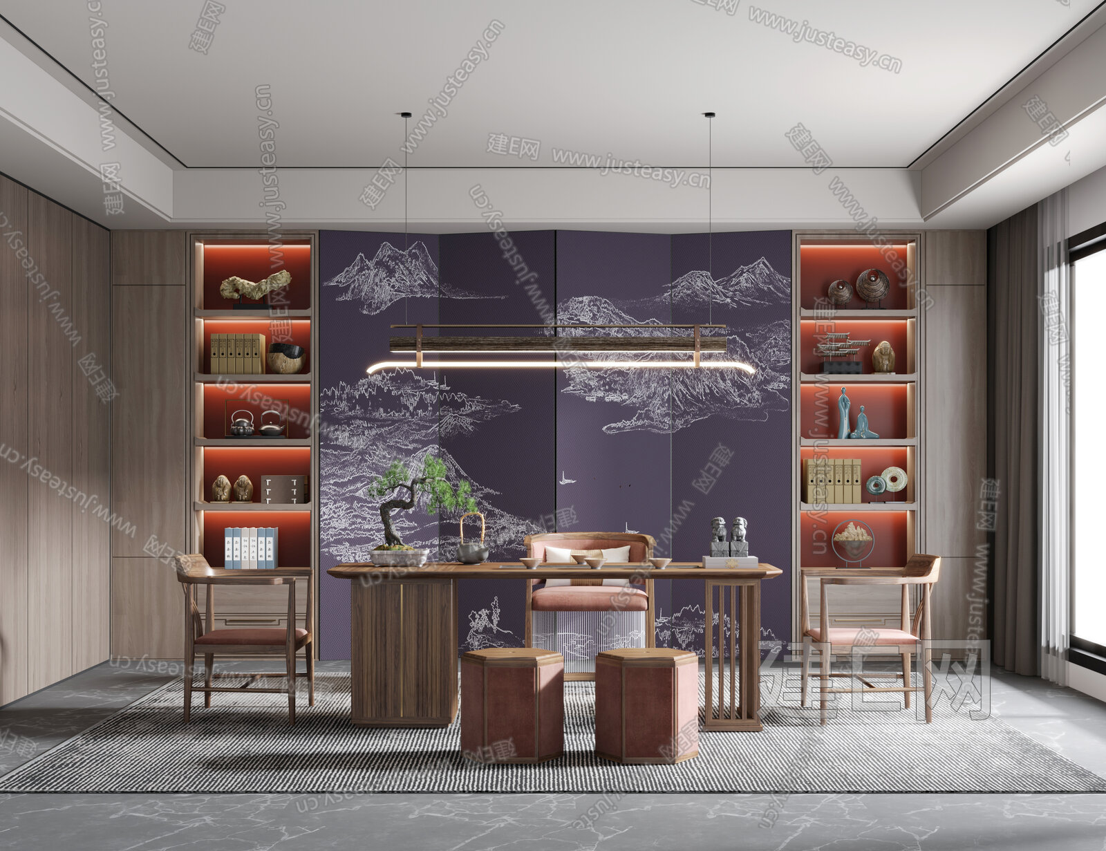 新中式茶室模型SU模型下载[ID:114902618]_建E室内设计网