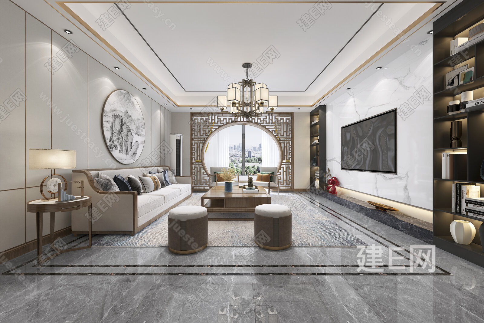 【新中式客厅3d模型】建e网_新中式客厅3d模型下载[ID:111890322]_打造3d新中式客厅模型免费下载平台
