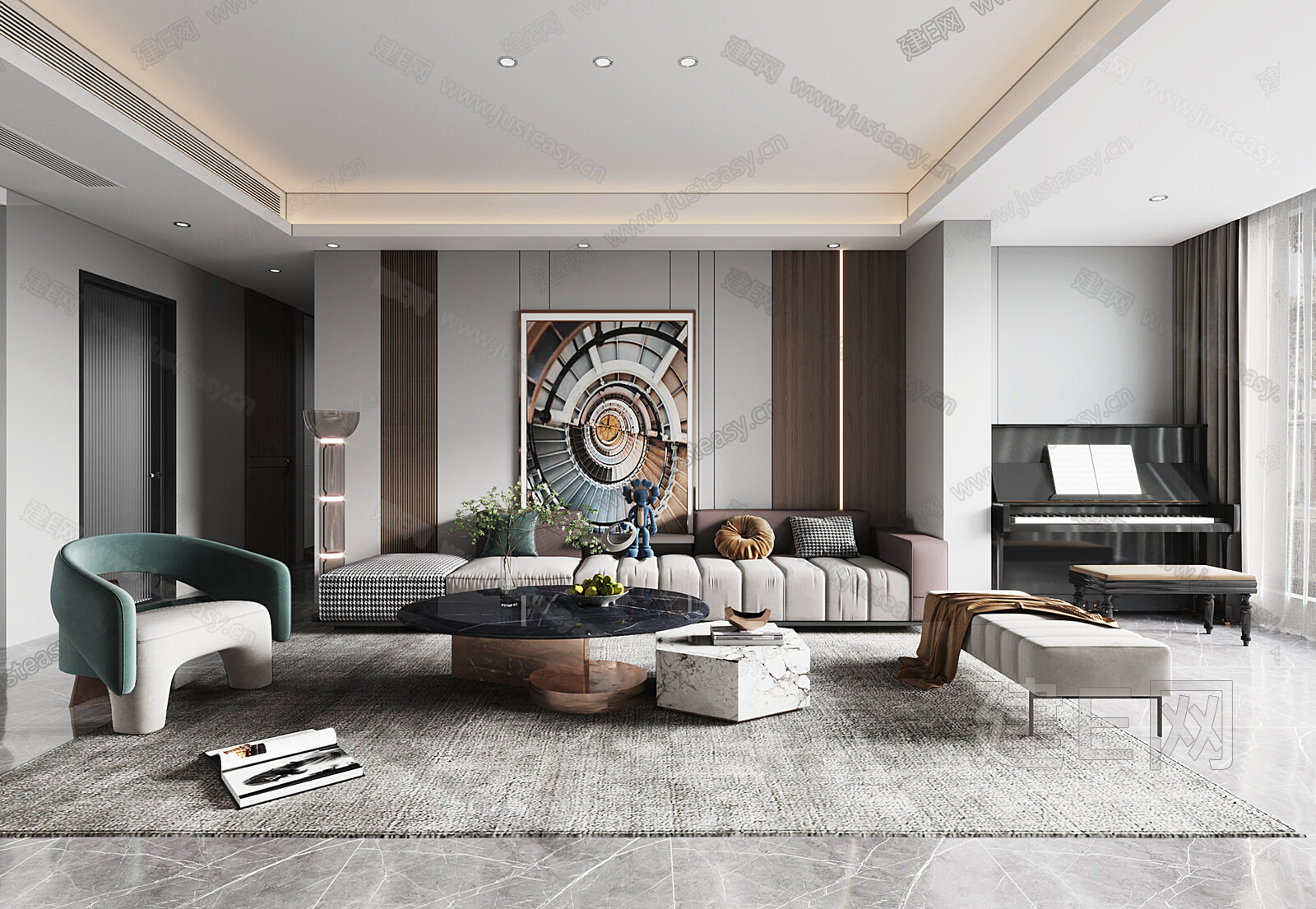 现代客厅模型SU模型下载[ID:115164877]_建e网su模型