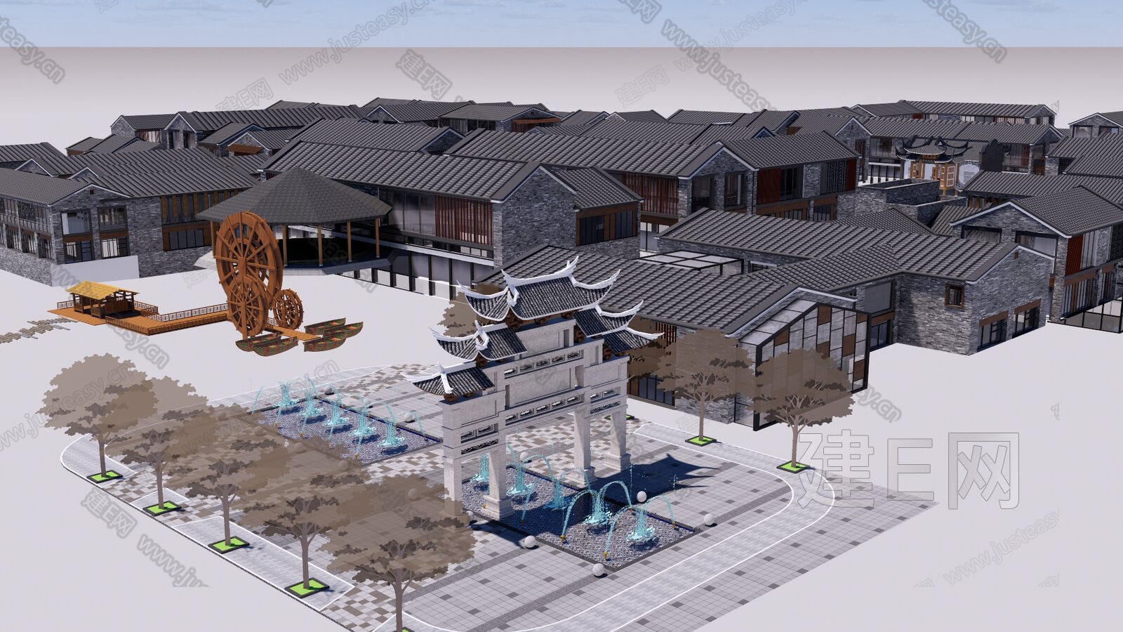 中式商业街模型SU模型下载[ID:104089349]_建E室内设计网