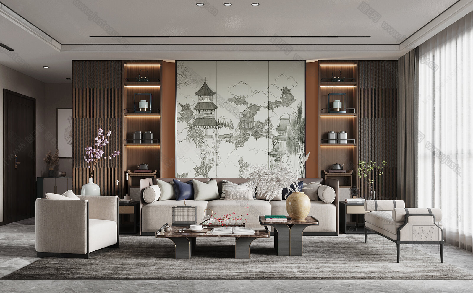 新中式客厅模型SU模型下载[ID:114247278]_建E室内设计网